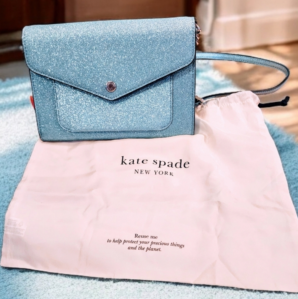 Kate Spade HTF NWT Light Blue Sparkly Fold-Over Crossbody Bag & KS dust bag